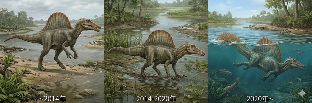 スピノサウルスの生態推測の歴史的変化：陸の王者から水中の狩人へ
